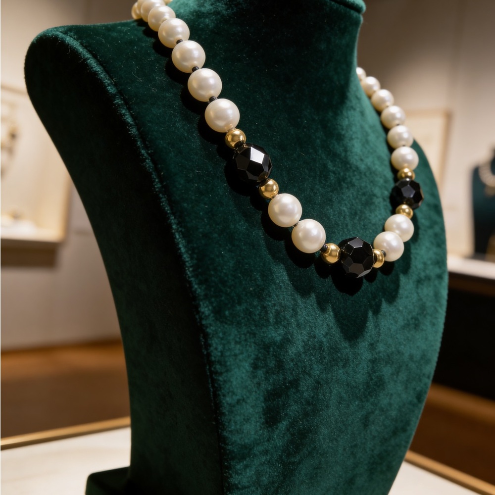 Vintage 5th Avenue Faux Pearl & Black Bead Necklace - Gold